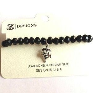 Nurse RN Nursing Caduceus Charm Bracelet Black
